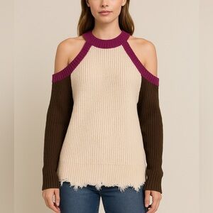 143 Story NEW Chunky Knit Cold Shoulder Sweater Fringe Trim